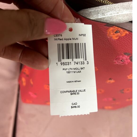 NWT Coach Mollie Bucket Bag In Leather With PEONY Floral Print CE578 Red Apple - Picture 3 of 8